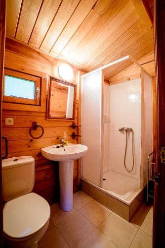 a bathroom with a toilet and a sink and a shower at Bungalows Rurales Picos de Europa in Posada de Valdeón