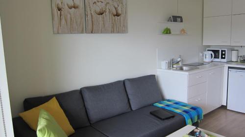 uma sala de estar com um sofá e uma cozinha em 2 kambarių apartamentai em Palanga