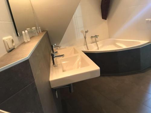 een badkamer met een wastafel en een bad bij De Jufferen Lunsingh in Westervelde