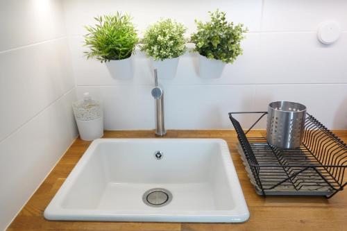um lavatório de cozinha com vasos de plantas num balcão em Arles Holiday - Le Studio Chic em Arles