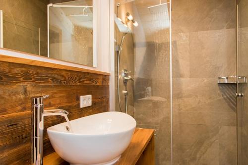 a bathroom with a sink and a glass shower at Hinterjetzbachhof in Maria Alm am Steinernen Meer