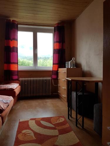 a room with a bed and a desk and a window at Vila Valéria in Tatranská Lomnica
