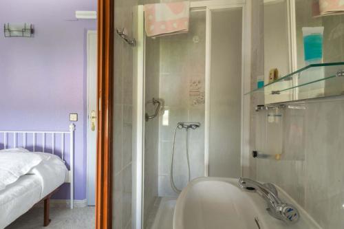 a bathroom with a shower and a sink and a bed at Hostal Arribes del Duero in Fermoselle