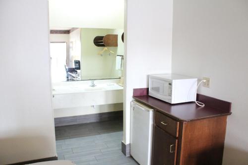 a bathroom with a sink and a microwave on a counter at Texas Inn Downtown McAllen in McAllen