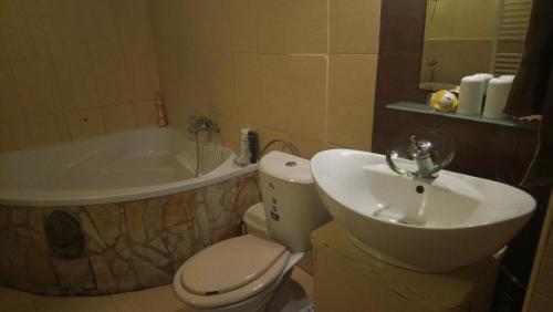 łazienka z toaletą, umywalką i wanną w obiekcie SZARVASKŐ NYARALÓ/ DEER ROCK COTTAGE w mieście Ostrzyhom