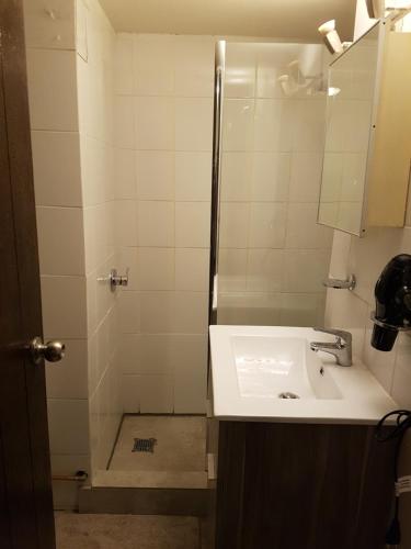 a bathroom with a sink and a shower at El Colorado Ski Departamentos in El Colorado