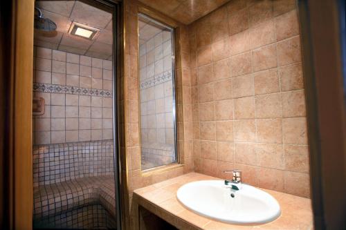 a bathroom with a sink and a shower at Chalet le trappeur à Courchevel 1850, Hammam in Courchevel