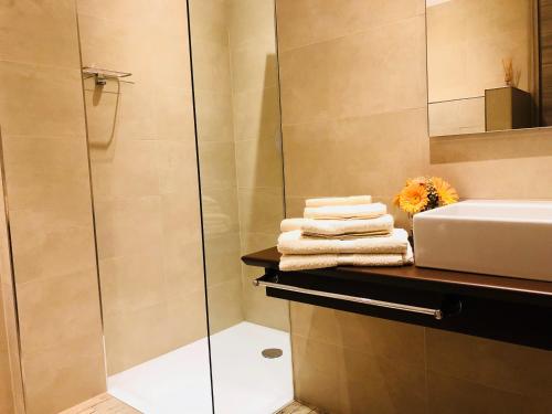 a bathroom with a shower and a sink and towels at Il Feudo Di Agnadello in Agnadello