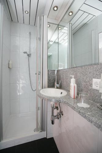 a white bathroom with a sink and a shower at Badhotel Restaurant Stauferland in Bad Boll