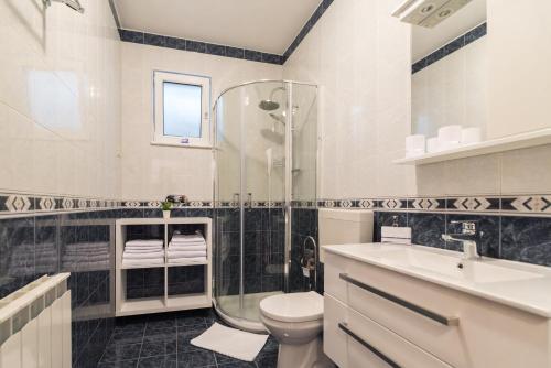 a bathroom with a shower and a toilet and a sink at Apartman EN in Mošćenička Draga