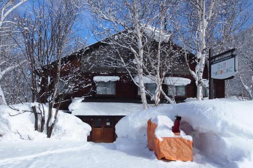 a house with a pile of snow in front of it at Okushiga Lodge Yama no Manimani in Yamanouchi