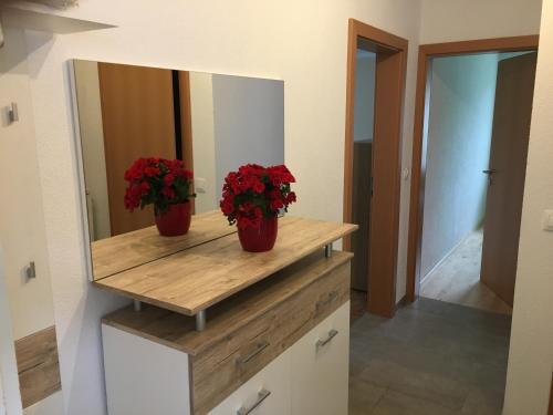 two vases with red flowers on a dresser in front of a mirror at Karls Ferienwohnung in Teufenbach