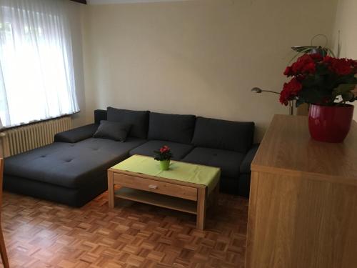 a living room with a blue couch and a coffee table at Karls Ferienwohnung in Teufenbach