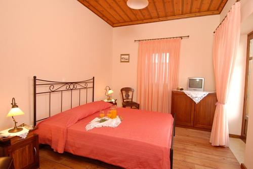 a bedroom with a red bed and a tv at Anatoli Labreon in Agia Marina
