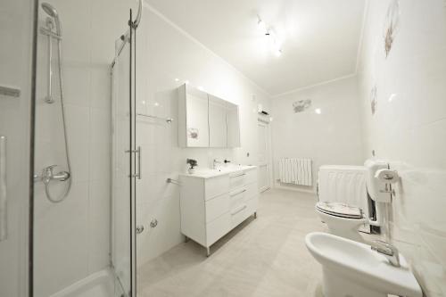 a white bathroom with a shower and a toilet and a sink at Apartmani Rudi in Vir