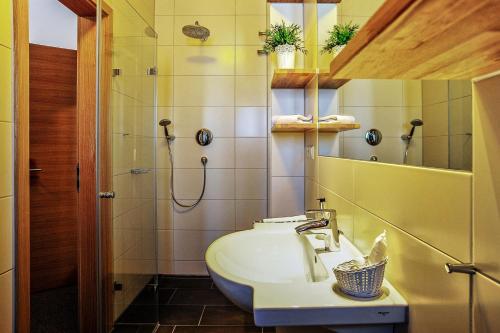 a bathroom with a sink and a shower at Gasthof Hotel Zum Hirsch***S in Kirchen