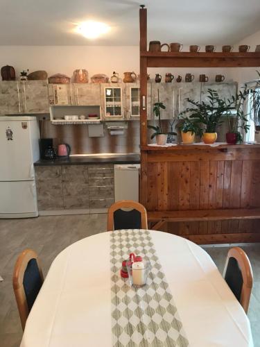 a kitchen with a white table and a refrigerator at Apartments Katica in Kožino