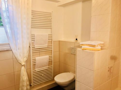 ein Badezimmer mit WC und Handtüchern auf einem Regal in der Unterkunft FeWo im Grünen mit Terrasse und Garten - gratis Therme in Bad Bevensen
