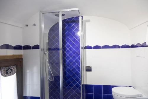 a bathroom with a toilet and a shower with blue tile at TRA... INCANTO E NATURA in Tramonti