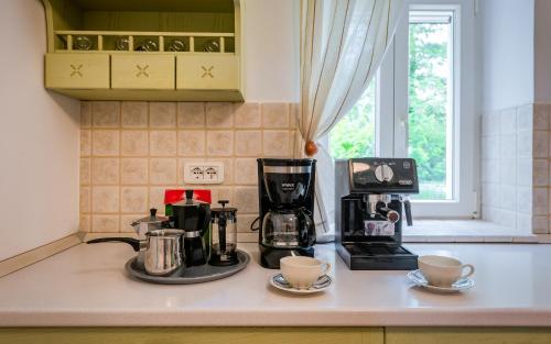 a kitchen counter with a coffee maker and cups on it at Villa Lipa in Krnica