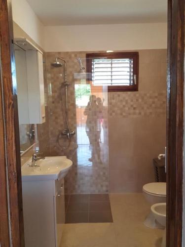 a bathroom with a shower and a sink and a toilet at Romantic Villa Sejdić in Pula