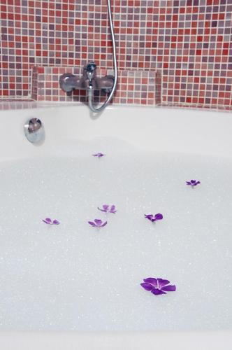 a group of purple butterflies in a bath tub at La Casa del Cubón in Aguilafuente