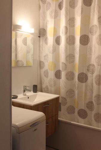 une salle de bain avec un lavabo et un rideau de douche dans l'établissement Appartement la Rochelle, à Aytré