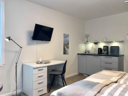 1 dormitorio con 1 cama y escritorio con TV en Appartement Auszeit, en Glücksburg