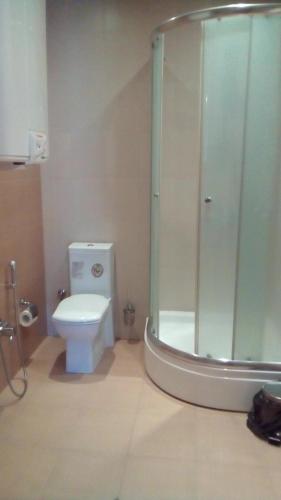a bathroom with a toilet and a glass shower at Evim Otel in Lahıc