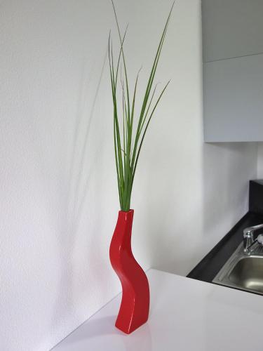 a red vase with a plant in it on a counter at Apartmán s výhľadom na Tatry in Tatranska Strba