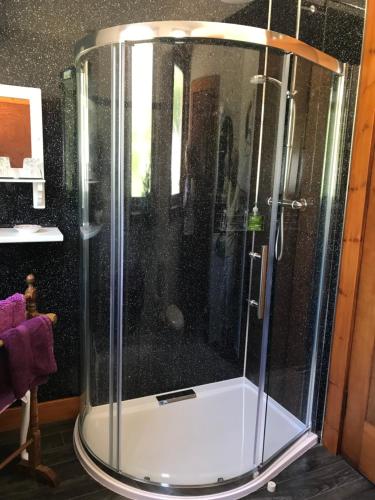 a shower with a glass door in a room at The Haven in Ballantrae