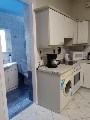 a kitchen with a washing machine and a sink at Monte Caputo Holiday House in Alykes