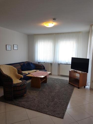 a living room with a couch and a tv at Gästehaus-zum-See in Bad Buchau