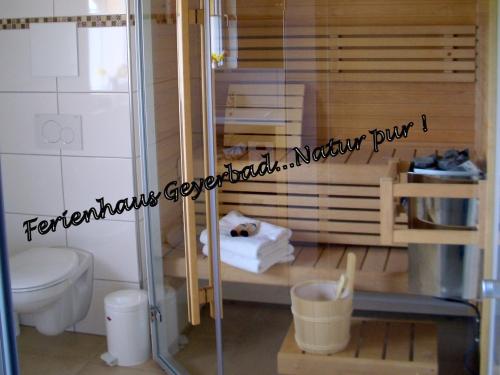 ein kleines Bad mit einem WC und einer Dusche in der Unterkunft Ferienhaus Geyerbad in Meßstetten
