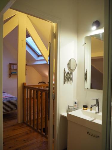 ein Bad mit einem Waschbecken und einem Spiegel in der Unterkunft La Petite Chartreuse in Domvast