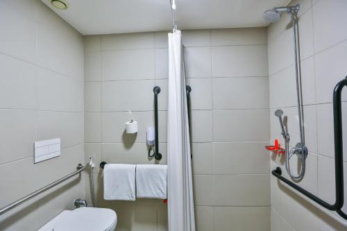 a bathroom with a shower and a toilet at ibis Sao Paulo Morumbi in Sao Paulo