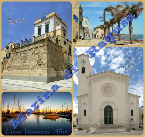 un collage di foto di un edificio e di una torre dell'orologio di Casa Alice Vista Mare a Marina di Ragusa