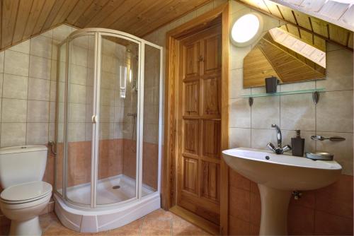 een badkamer met een douche, een toilet en een wastafel bij Leo Vendeghaz in Eger