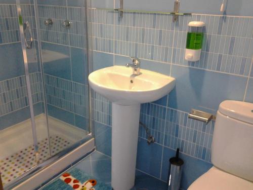 リスボンにあるBaixainnの青いタイル張りのバスルーム(シンク、シャワー付)
