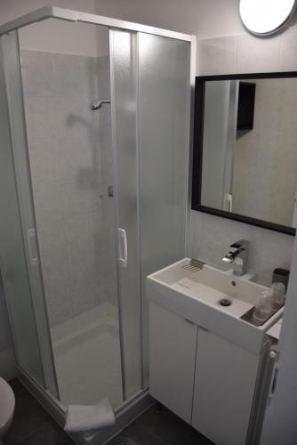 uma casa de banho com um chuveiro, um lavatório e um espelho. em Restaurant Bric Dekani em Dekani