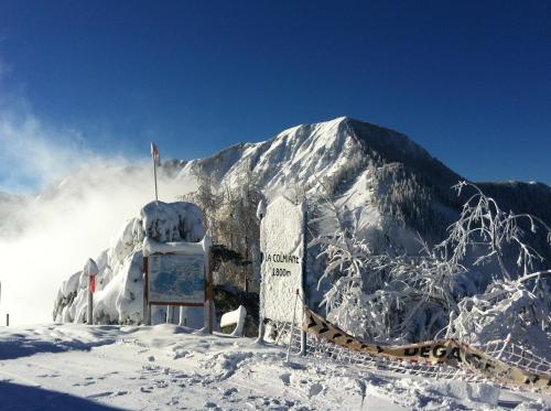 a snow covered mountain with a sign in front of it at Residence Adrechas et Spa in La Colmiane