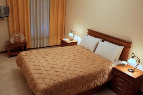 a hotel room with a bed and two night stands at Famissi Hotel in Kalabaka