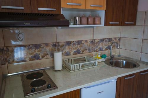 a kitchen counter top with a sink and a sink at Apartmani "STEFANOVIĆ" in Soko Banja