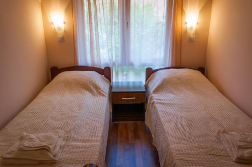 two beds in a small room with a window at Apartmani "STEFANOVIĆ" in Soko Banja