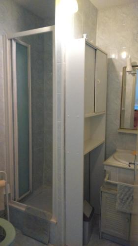 une douche avec une porte vitrée dans une salle de bain dans l'établissement les pieds dans l'eau, à Les Boucholeurs