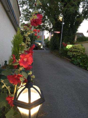a vase filled with red flowers on a street at Aerotel Versailles Saint Cyr - L'étape du Silence in Saint-Cyr-lʼÉcole
