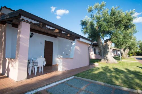 ein weißes Haus mit einem Baum im Hof in der Unterkunft Cilento Dreams Village in Marina di Camerota