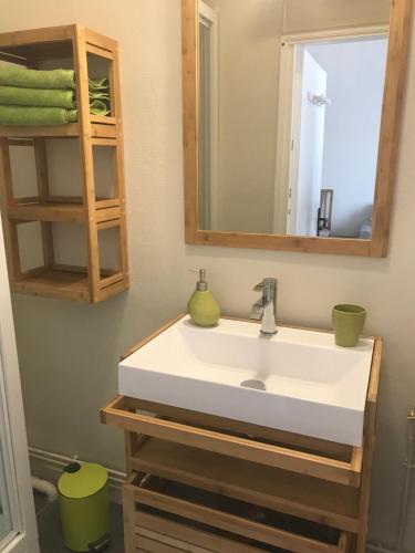 貝爾克濱海的住宿－Logement cocooning 50 m de la plage，浴室设有白色水槽和镜子