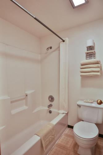 a white bathroom with a toilet and a bath tub at Hagerman Valley Inn in Hagerman