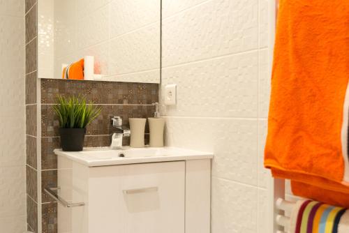 ein Badezimmer mit einem weißen Waschbecken und einem Spiegel in der Unterkunft Studio Sympa Ramblas Centre Toulouse in Toulouse